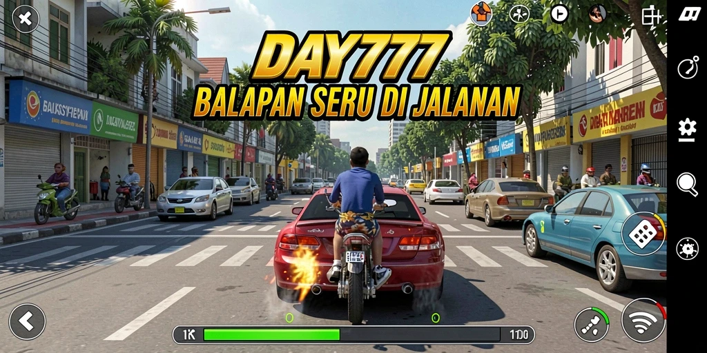 Screenshot utama dari DAY777 menampilkan aksi balapan seru.