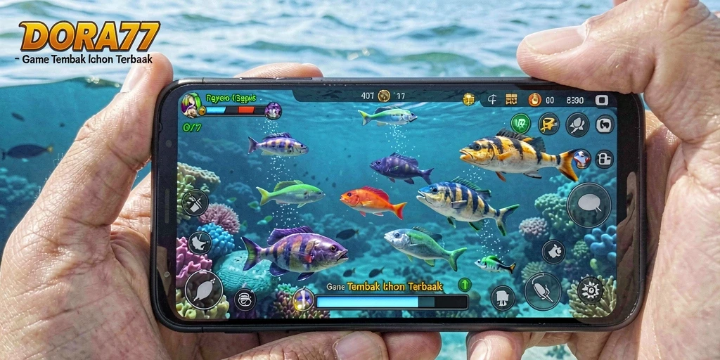 Gameplay DORA77 menampilkan aksi menembak ikan yang seru.