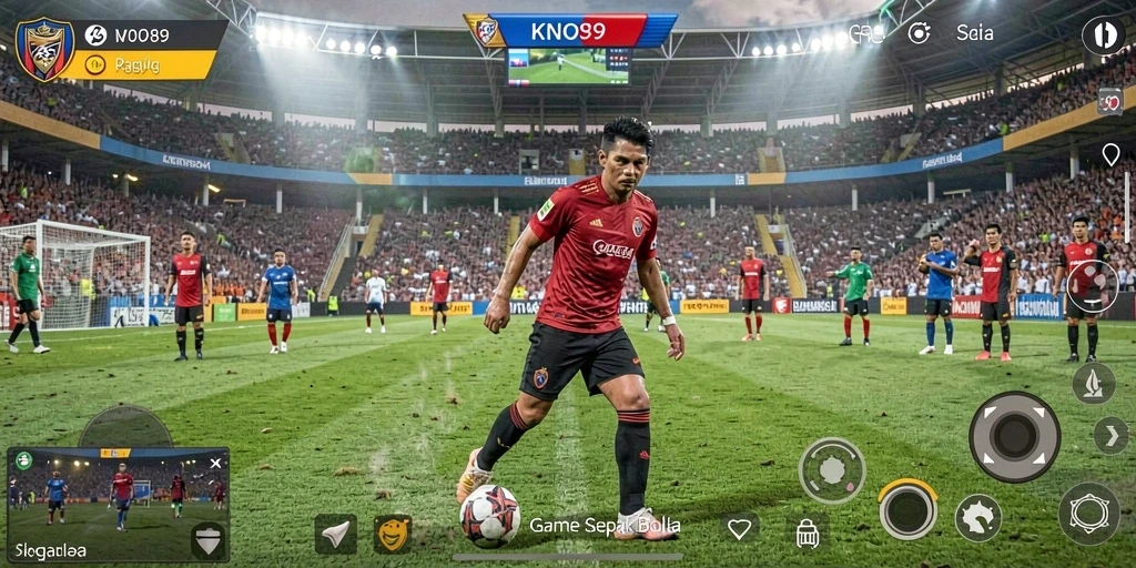 Screenshot gameplay KNO89 menampilkan aksi seru di lapangan sepak bola.
