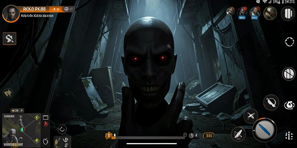 Tampilan gameplay menegangkan dari RK88 dengan efek visual menakutkan.